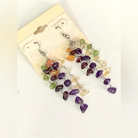 Pretty 925 Sterling Silver Multi Color Gemstone Dangling Earrings - Picture 4 of 12